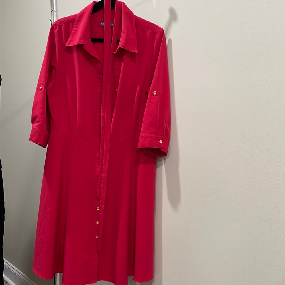 Red A-Line Shirt Dress with Notched Collar
